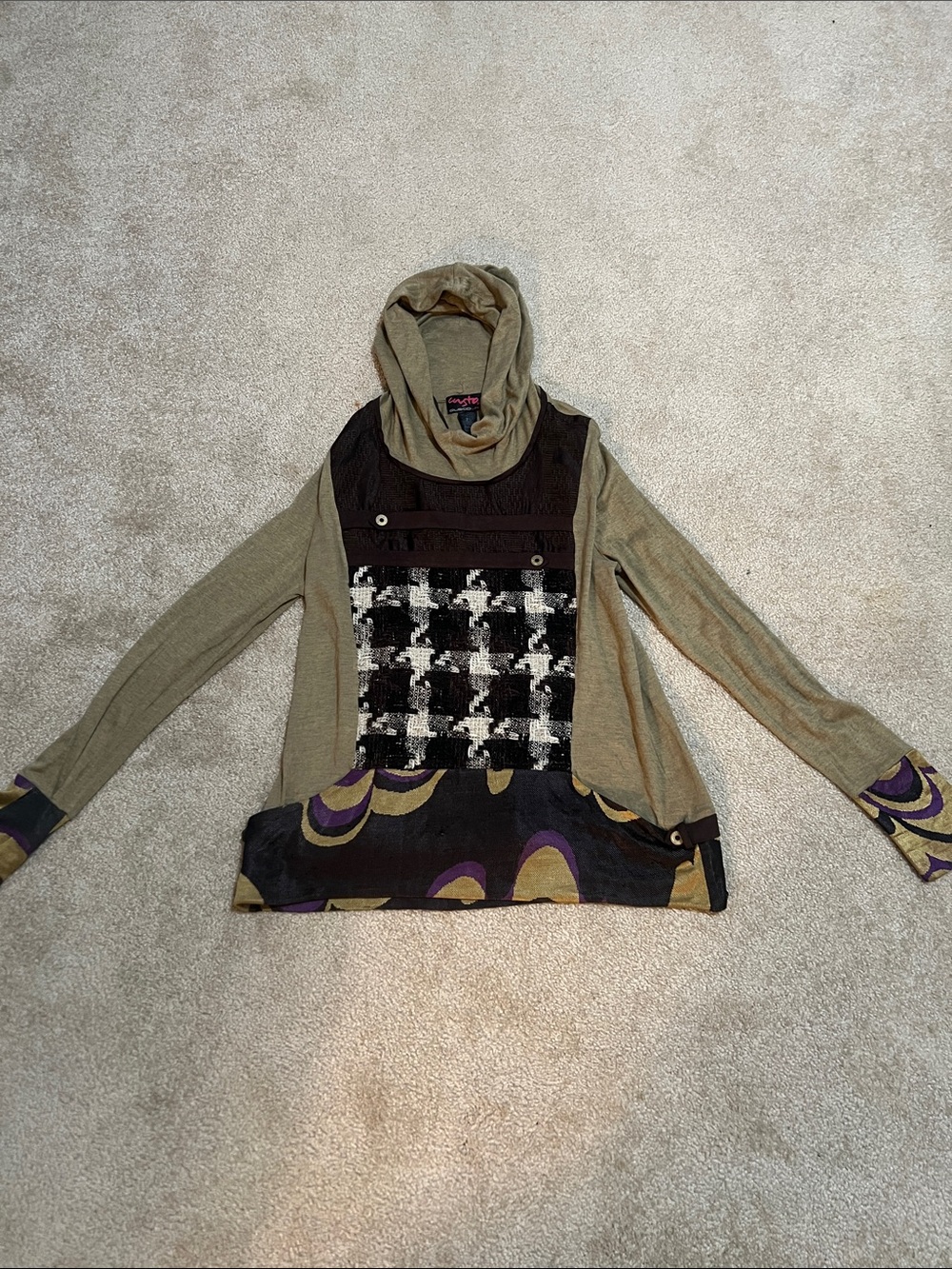 Custo Line Tan Cowl Neck Top with Black, White & Purple Panels
